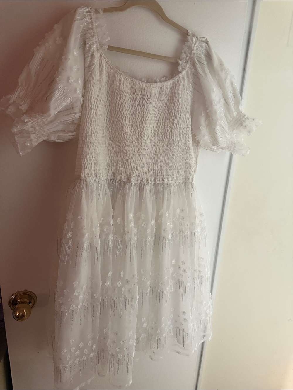 JessaKae White Tiered Tulle Dress with Puff Sleeves